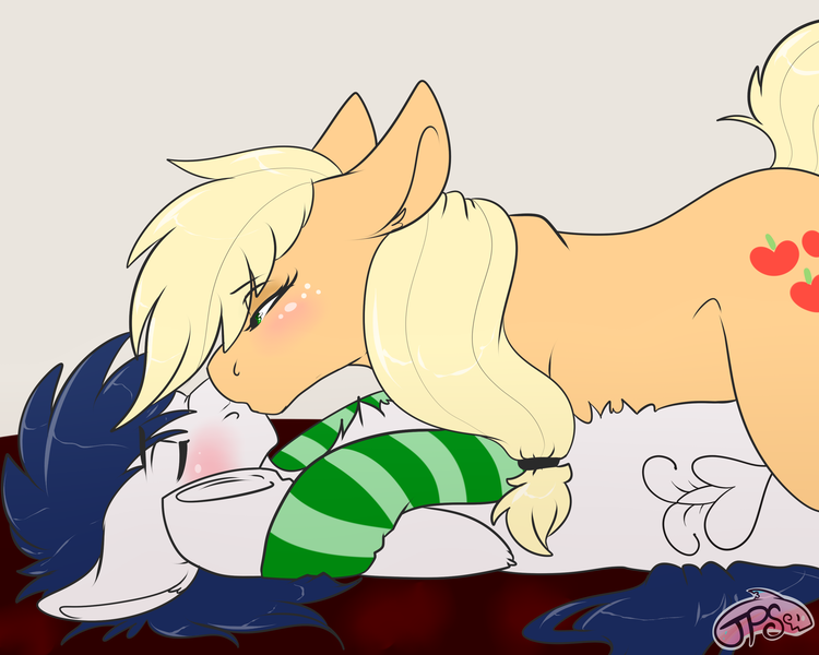 Size: 3000x2400 | Tagged: suggestive, artist:pinktabico, derpibooru import, applejack, oc, oc:constance everheart, pony, bedroom eyes, blushing, canon x oc, clothes, everjack, female, kissing, male, shipping, simple background, socks, straight, striped socks