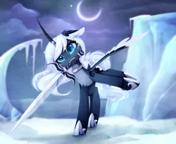 Size: 1487x1215 | Tagged: safe, artist:magnaluna, derpibooru import, princess luna, alicorn, pony, alternate design, colored pupils, crescent moon, curved horn, cute, fangs, female, ice, lunabetes, mare, moon, mouth hold, snow, solo, spread wings, sword, warrior luna, weapon, wings