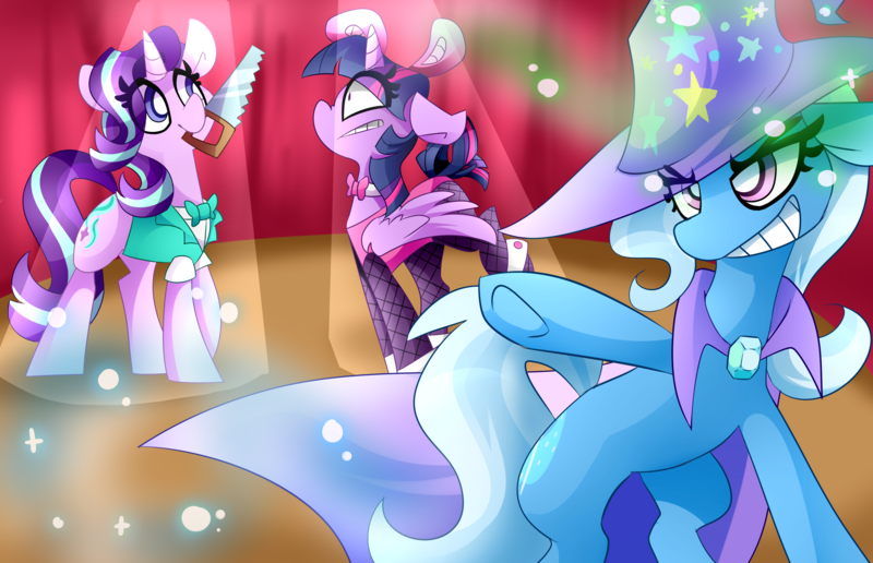 Size: 3100x2000 | Tagged: safe, artist:nekosnicker, derpibooru import, starlight glimmer, trixie, twilight sparkle, twilight sparkle (alicorn), alicorn, pony, unicorn, bunny suit, clothes, female, floppy ears, grin, mare, mouth hold, saw, shrunken pupils, smiling, sparkles, stage