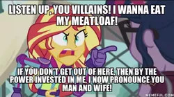 Size: 600x337 | Tagged: safe, derpibooru import, edit, edited screencap, screencap, sci-twi, sunset shimmer, twilight sparkle, equestria girls, friendship games, angry, exploitable meme, image macro, meme, mermaid man and barnacle boy, spongebob squarepants, sunset yells at twilight