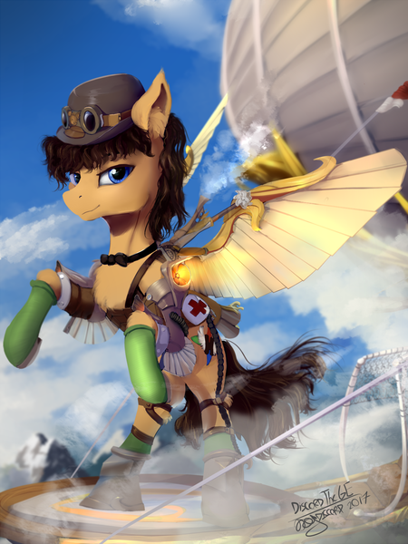 Size: 1500x2000 | Tagged: safe, artist:discordthege, derpibooru import, oc, unofficial characters only, pegasus, pony, airship, clothes, hat, looking at you, male, mountain, mountain range, rearing, scenery, signature, solo, steampunk
