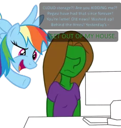 Size: 539x569 | Tagged: safe, anonymous artist, derpibooru import, rainbow dash, oc, oc:femanon, human, pegasus, pony, 4chan, clothes, cloud storage, colored, computer, desk, dialogue, drawthread, duo, flying, funny, looking over shoulder, monitor, pun, shirt, simple background