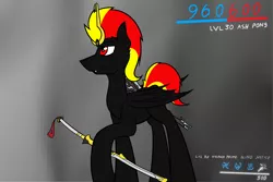 Size: 3000x2000 | Tagged: safe, artist:burninggryphon, derpibooru import, oc, unofficial characters only, bat pony, pony, dialogue, gun, hud, nikana, rifle, sniper rifle, solo, sword, text, vectis, warframe, weapon