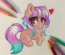 Size: 3109x2625 | Tagged: safe, artist:emberslament, derpibooru import, oc, oc:reverie, unofficial characters only, pony, unicorn, chibi, colored pencils, female, high res, mare, pencil, photo, prone, solo, traditional art