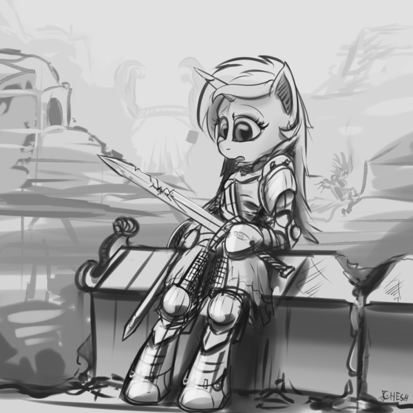 Size: 1200x1200 | Tagged: dead source, safe, artist:cheshiresdesires, derpibooru import, lyra heartstrings, pony, semi-anthro, unicorn, armor, grayscale, monochrome, solo, sword, weapon