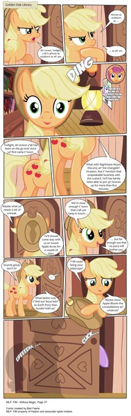 Size: 3391x10750 | Tagged: safe, artist:perfectblue97, derpibooru import, applejack, scootaloo, twilight sparkle, earth pony, pony, comic:without magic, absurd resolution, book, bookshelf, comic, earth pony twilight, golden oaks library, lightbulb