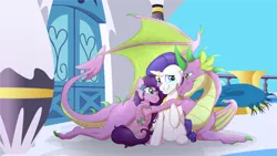 Size: 1024x576 | Tagged: safe, artist:nivimonster, derpibooru import, rarity, spike, oc, oc:delicacy, dracony, dragon, hybrid, family, interspecies offspring, male, offspring, older, older spike, parent:rarity, parent:spike, parents:sparity, ring, shipping, sparity, straight, winged spike