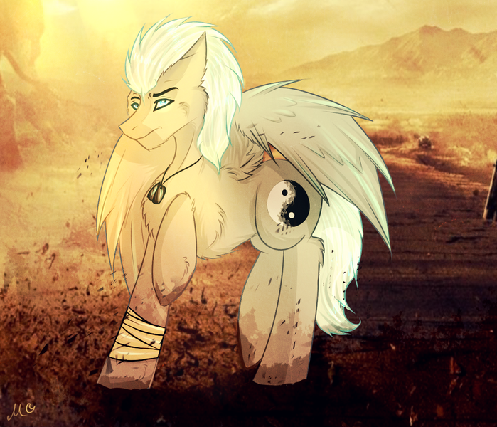 Size: 1232x1058 | Tagged: safe, artist:mirtalimeburst, derpibooru import, oc, oc:riley, unofficial characters only, pegasus, pony, bandage, image, jewelry, male, necklace, outdoors, pegasus oc, png, raised hoof, solo, stallion, wings, yin-yang