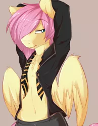 Size: 1200x1545 | Tagged: anthro, artist:rainbowscreen, artist:rainbowscreen edit, boxers, butterscotch, chest fluff, clothes, cropcon, cropped, derpibooru import, edit, explicit source, femboy, fluttershy, male, necktie, pants, rule 63, shirt, solo, solo male, suggestive, underwear, wings