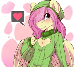 Size: 1200x1081 | Tagged: anthro, artist:rainbowscreen, artist:rainbowscreen edit, beanie, beret, blushing, butterscotch, clothes, cropcon, cropped, derpibooru import, edit, explicit source, femboy, fluttershy, gloves, hat, heart, male, pictogram, rule 63, solo, solo male, suggestive, sweater, sweatershy, turtleneck, wings