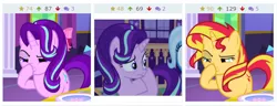 Size: 784x300 | Tagged: safe, derpibooru import, edit, edited screencap, screencap, starlight glimmer, sunset shimmer, trixie, pony, unicorn, derpibooru, boop, exploitable meme, female, forced juxtaposition, glimmerposting, juxtaposition, mare, meme, meta, self-boop, shimmerposting