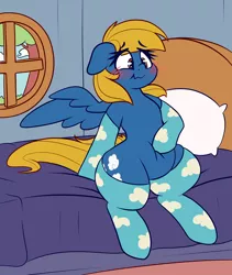 Size: 1280x1519 | Tagged: safe, artist:graphene, derpibooru import, oc, oc:rainy season, unofficial characters only, pegasus, pony, bed, blushing, chubby, clothes, female, mare, pillow, socks, solo, window