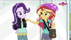 Size: 1136x640 | Tagged: safe, derpibooru import, edit, edited screencap, editor:/d/non, screencap, starlight glimmer, sunset shimmer, equestria girls, mirror magic, spoiler:eqg specials, beanie, clothes, clothes swap, dress, duo, female, hat, jacket, jewelry, necklace, pants, ripped pants, shoulder bag, teletoon