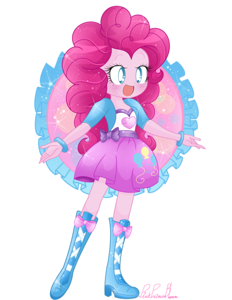 Size: 1280x1656 | Tagged: safe, artist:pinkprincessblossom, derpibooru import, pinkie pie, equestria girls, boots, clothes, cute, diapinkes, happy, high heel boots, looking at you, moe, open mouth, signature, simple background, skirt, smiling, solo, transparent background