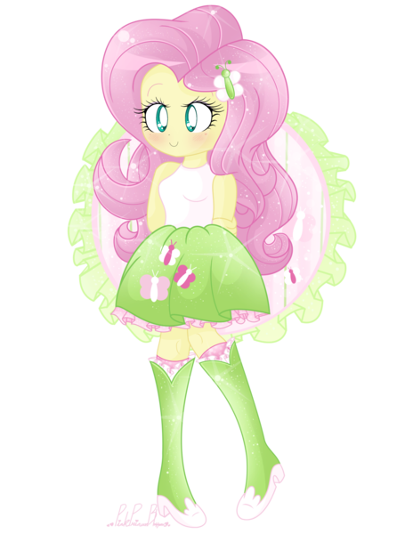 Size: 1280x1656 | Tagged: safe, artist:pinkprincessblossom, derpibooru import, fluttershy, equestria girls, boots, clothes, colored pupils, cute, high heel boots, looking at you, moe, shyabetes, simple background, skirt, smiling, socks, solo, sparkles, tanktop, transparent background