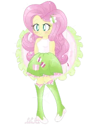 Size: 1280x1656 | Tagged: safe, artist:pinkprincessblossom, derpibooru import, fluttershy, equestria girls, boots, clothes, colored pupils, cute, high heel boots, looking at you, moe, shyabetes, simple background, skirt, smiling, socks, solo, sparkles, tanktop, transparent background