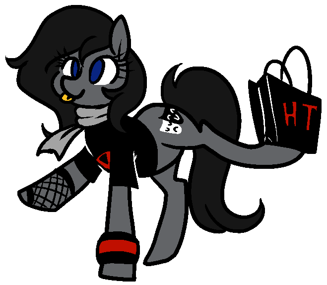 Size: 659x574 | Tagged: safe, artist:/d/non, derpibooru import, oc, unofficial characters only, earth pony, pony, 4chan, :p, clothes, drawthread, female, fishnets, hot topic, scarf, shirt, shopping bags, simple background, solo, tongue out, white background