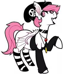 Size: 877x983 | Tagged: safe, artist:/d/non, derpibooru import, oc, unofficial characters only, bat pony, pony, 4chan, beanie, choker, clothes, drawthread, ear piercing, earring, eyeshadow, female, hat, jewelry, lip piercing, lipstick, makeup, necklace, open mouth, piercing, raised hoof, shirt, simple background, smiling, socks, solo, striped socks, the nightmare before christmas, white background