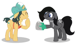 Size: 1267x730 | Tagged: artist needed, safe, derpibooru import, fresh coat, oc, earth pony, pony, unicorn, 4chan, apron, backwards ballcap, baseball cap, cap, clothes, cute, drawthread, eyes closed, floppy ears, frown, hair bun, hat, laughing, paint, paint can, raised hoof, scarf, simple background, transparent background