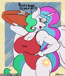 Size: 3150x3657 | Tagged: suggestive, artist:sketchybug, artist:sketchychangeling, derpibooru import, princess celestia, alicorn, anthro, pony, armpits, babewatch, baywatch, big breasts, breasts, busty princess celestia, cleavage, clothes, cutie mark, dialogue, excited, female, hand on hip, huge breasts, lifeguard, looking at you, mare, multicolored mane, multicolored tail, one-piece swimsuit, open mouth, smiling, solo, solo female, swimsuit, wings