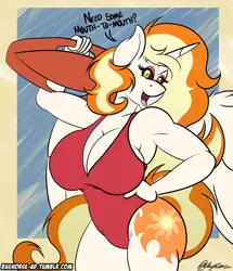 Size: 3150x3657 | Tagged: alicorn, anthro, armpits, a royal problem, artist:sketchybug, babewatch, baywatch, big breasts, breasts, busty daybreaker, cleavage, clothes, daybreaker, derpibooru import, dialogue, female, huge breasts, lifeguard, looking at you, mare, one-piece swimsuit, open mouth, smiling, solo, solo female, stupid sexy daybreaker, suggestive, swimsuit