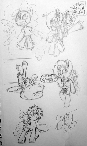 Size: 1667x2781 | Tagged: safe, artist:binkyt11, derpibooru import, pinkie pie, oc, oc:downvote, oc:duck badge, ponified, alicorn, anthro, earth pony, pegasus, semi-anthro, derpibooru, :p, alicornified, belly button, clothes, crown, derpibooru ponified, female, flying, jewelry, king duck, mare, meta, midriff, monochrome, race swap, regalia, speech bubble, surprised, tanktop, tongue out, traditional art, vulgar