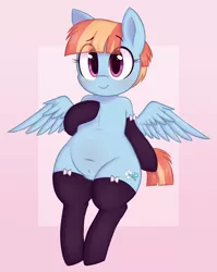 Size: 906x1136 | Tagged: safe, artist:toroitimu, derpibooru import, windy whistles, pegasus, pony, belly button, child bearing hips, clothes, female, mare, smiling, solo, spread wings, stockings, thigh highs, wide hips, wings