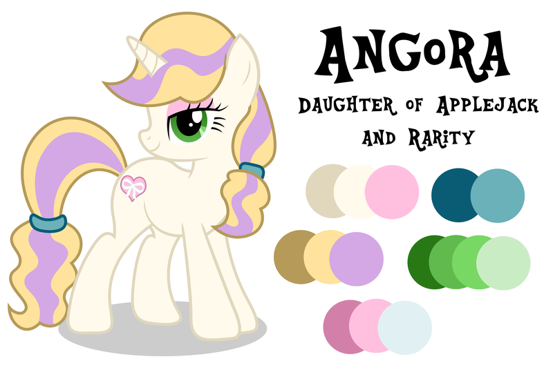 Size: 6000x4000 | Tagged: safe, artist:spottedlions, derpibooru import, oc, oc:angora, unofficial characters only, pony, absurd resolution, female, magical lesbian spawn, mare, next generation, offspring, parent:applejack, parent:rarity, parents:rarijack, reference sheet, simple background, smiling, solo, white background