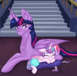 Size: 480x475 | Tagged: safe, artist:kittentube, derpibooru import, princess flurry heart, twilight sparkle, twilight sparkle (alicorn), alicorn, pony, aunt and niece, auntie twilight, baby, baby pony, cute, diaper, eyes closed, pillow, signature, sleeping, twilight is bae, twilight's castle