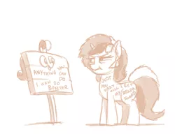 Size: 1280x985 | Tagged: safe, artist:docwario, derpibooru import, bon bon, sweetie drops, oc, oc:sign, pony, unicorn, anything you can do, askblankbon, body writing, female, looking at each other, monochrome, pun, sign, simple background, squint, transformation, white background