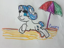 Size: 3264x2448 | Tagged: safe, artist:creamyfairy, derpibooru import, rarity, pony, beach, sleeping, solo, sun, sunglasses, traditional art, umbrella