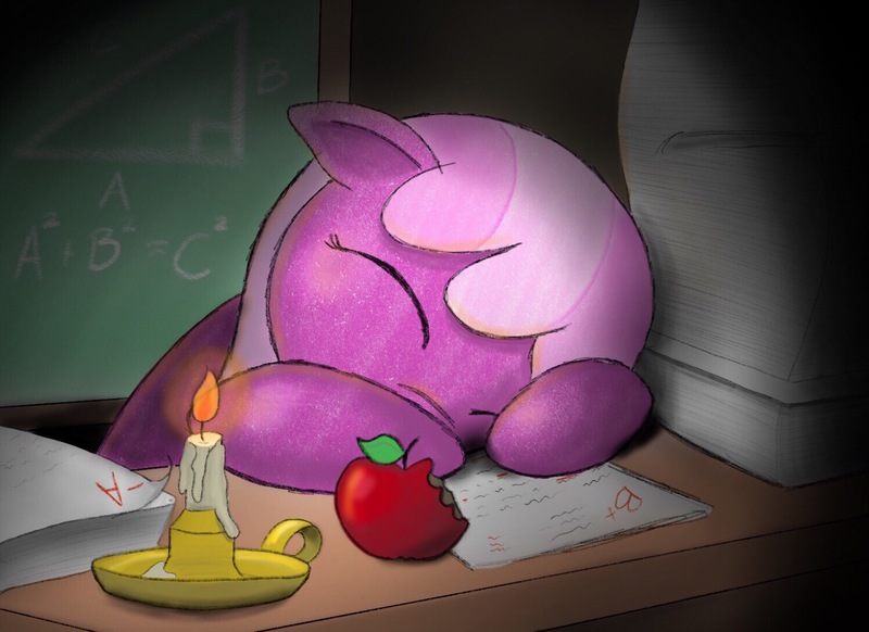 Size: 1499x1091 | Tagged: safe, artist:coloringrainclouds, derpibooru import, cheerilee, pony, apple, candle, food, paper, safepony, sleeping, solo