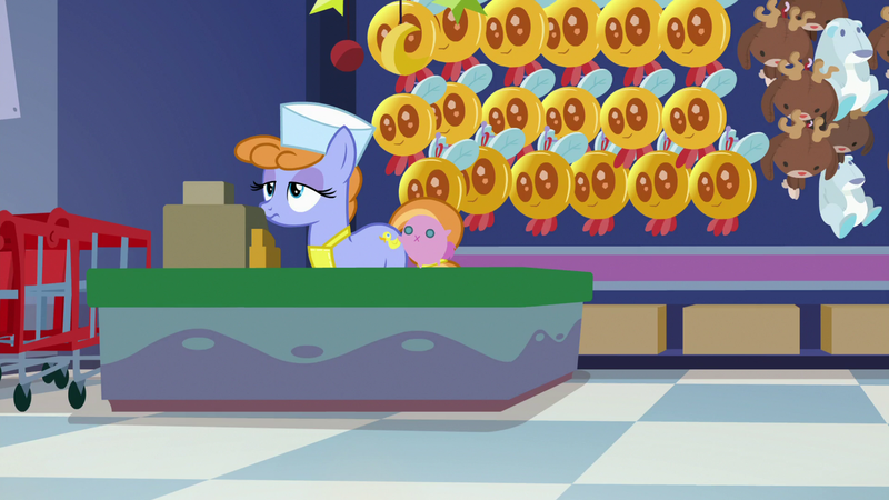 Size: 1920x1080 | Tagged: safe, derpibooru import, screencap, unnamed pony, earth pony, parasprite, pony, a flurry of emotions, bored, cash register, cashier, female, hat, mare, plushie, solo, toy store