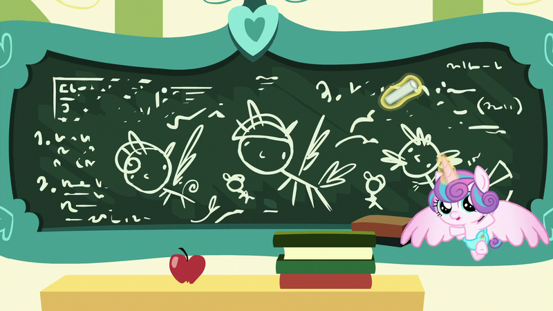 Size: 1920x1080 | Tagged: safe, derpibooru import, screencap, princess flurry heart, spike, twilight sparkle, twilight sparkle (alicorn), alicorn, dragon, pony, a flurry of emotions, apple, book, chalk, chalk drawing, chalkboard, diaper, drawing, flurry art, flurry heart's chalkboard, food, meme origin, princess flurry smart, school, solo