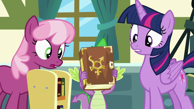 Size: 1920x1080 | Tagged: safe, derpibooru import, edit, edited screencap, screencap, cheerilee, spike, twilight sparkle, twilight sparkle (alicorn), alicorn, dragon, pony, big book of fetishes, a flurry of emotions, book, cover, fetish, ponyville schoolhouse