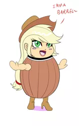 Size: 817x1300 | Tagged: source needed, safe, artist:annon, derpibooru import, applejack, human, pony, barrel, bimbo, bimbo jack, blushing, boots, chibi, chibimbo, female, halloween costume, hat, high heel boots, humanized, looking at you, makeup, open mouth, ponytail, silly, silly pony, smiling, solo, t pose, tilde, who's a silly human, who's a silly pony