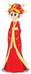 Size: 1260x2967 | Tagged: safe, artist:redtriangle, derpibooru import, sunset shimmer, phoenix, equestria girls, beautiful, chinese dress, chinese text, empress, hanfu, human coloration, light skin, princess, queen, simple background, solo, sunset phoenix, transparent background
