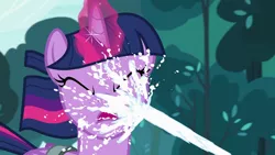 Size: 1920x1080 | Tagged: safe, derpibooru import, screencap, twilight sparkle, twilight sparkle (alicorn), alicorn, pony, a flurry of emotions, actually milk, context is for the weak, eyes closed, female, glowing horn, mare, milk, milk squirt, not what it looks like, out of context, solo