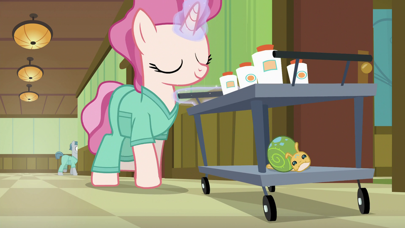 Size: 1920x1080 | Tagged: safe, derpibooru import, screencap, first check, silver scrubs, whammy, pony, unicorn, a flurry of emotions, cart, clothes, pants, ponyville hospital, race swap, scrubs, solo