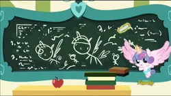 Size: 1920x1080 | Tagged: safe, derpibooru import, screencap, princess flurry heart, spike, twilight sparkle, twilight sparkle (alicorn), alicorn, dragon, pony, a flurry of emotions, apple, book, chalk, chalk drawing, chalkboard, diaper, flurry art, flurry heart's chalkboard, food, meme origin, princess flurry smart, school, solo