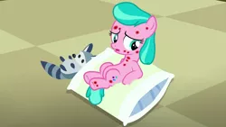 Size: 1920x1080 | Tagged: safe, derpibooru import, screencap, aquamarine, pony, raccoon, a flurry of emotions, horsey hives, pillow, plushie, solo