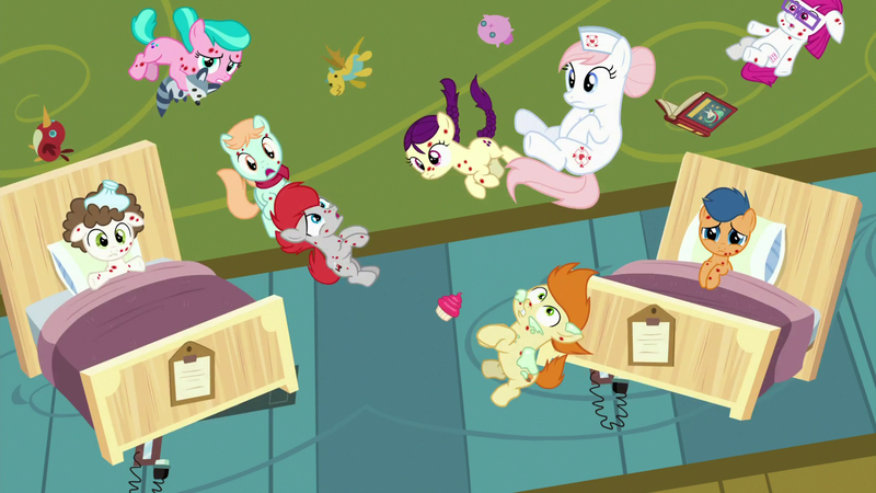 Size: 1920x1080 | Tagged: safe, derpibooru import, screencap, aquamarine, boysenberry, first base, gallop j. fry, little red, nurse redheart, peach fuzz, super funk, train tracks (character), pony, a flurry of emotions, horsey hives, levitation, magic, ponyville hospital, telekinesis, zero gravity