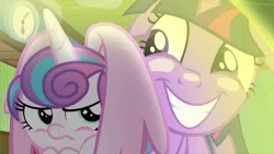 Size: 1920x1080 | Tagged: safe, derpibooru import, screencap, princess flurry heart, twilight sparkle, twilight sparkle (alicorn), alicorn, pony, a flurry of emotions, angry, aunt and niece, floppy ears, flurry heart is not amused, force field, grin, magic, magic bubble, out of context, ponyville hospital, shield, smiling, unamused