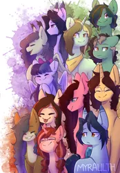 Size: 1600x2293 | Tagged: safe, artist:myralilth, derpibooru import, oc, oc:ardea, oc:aster, oc:citrus, oc:evening star, oc:fawn, oc:fialka, oc:kai, oc:lilac, oc:mossy, oc:quiyl, oc:ruby swift, unofficial characters only, earth pony, pegasus, pony, unicorn, disguised siren, eyes closed, female, glasses, mare, smiling, tongue out, transgender