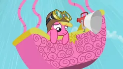 Size: 1280x720 | Tagged: safe, derpibooru import, screencap, cherry berry, pony, the mysterious mare do well, falling, goggles, hot air balloon, looking down, megaphone, solo, twinkling balloon