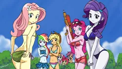 Size: 1280x720 | Tagged: suggestive, artist:leone di cielo, derpibooru import, apple bloom, applejack, fluttershy, pinkie pie, rainbow dash, rarity, scootaloo, sweetie belle, equestria girls, ass, beach, belly button, bikini, breasts, busty rarity, camera, cleavage, clothes, cutie mark crusaders, delicious flat chest, flattershy, flutterbutt, goggles, humane five, looking at you, midriff, summer, swimming goggles, swimsuit, watergun