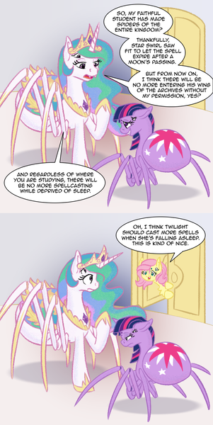 Size: 800x1596 | Tagged: artist:couchcrusader, comic, derpibooru import, fluttershy, implied transformation, monster pony, multiple eyes, original species, princess celestia, safe, sheepish grin, species swap, spiderlestia, spiderpony, spidershy, twilight sparkle, twispider