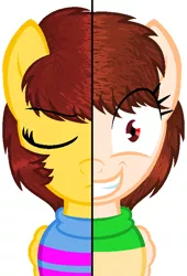 Size: 518x763 | Tagged: artist needed, source needed, safe, derpibooru import, ponified, pegasus, pony, base used, chara, female, filly, frisk, simple background, two sides, undertale, white background