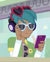 Size: 461x565 | Tagged: safe, derpibooru import, edit, screencap, carlos thunderbolt, equestria girls, spoiler:eqg specials, background human, cropped, mobile phone, phone, smartphone, smiling, solo, sunglasses