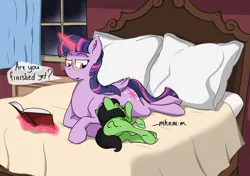 Size: 1294x909 | Tagged: safe, artist:crownhound, derpibooru import, twilight sparkle, twilight sparkle (alicorn), oc, oc:anonfilly, alicorn, pony, bed, bedroom, book, breastfeeding, dialogue, female, filly, horses doing horse things, levitation, magic, mama twilight, mare, nonsexual nursing, nursing, pillow, suckling, telekinesis